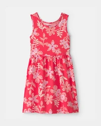 Girls Tropical Floral Sleeveless Knit Dress - Pink/Orange