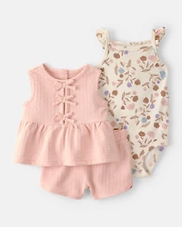 Baby Girl 3-Piece Striped Top & Short Set - Pink