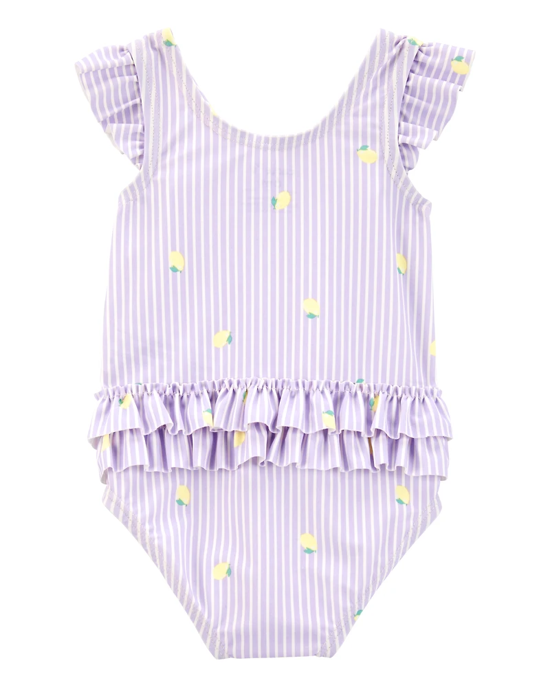 Baby Girl 1-Piece Striped Lemon Ruffle Swimsuit - Purple