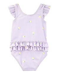 Baby Girl 1-Piece Striped Lemon Ruffle Swimsuit - Purple