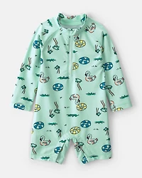 Baby Boy Vacation Long-Sleeve 1-Piece Rashguard Swimsuit - Green