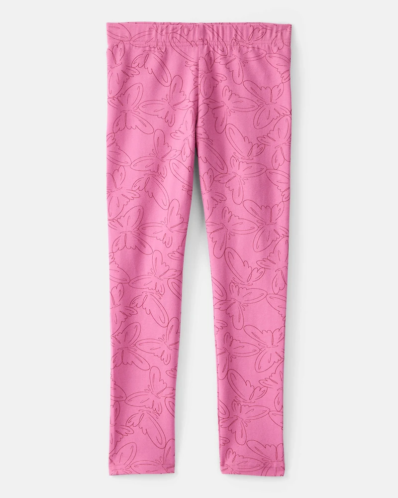 Girls Butterfly Print Cotton Pull-On Stretch Leggings - Pink