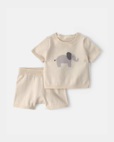 Baby 2-Piece Elephant Short-Sleeve Sweater Top & Short Set - Cream