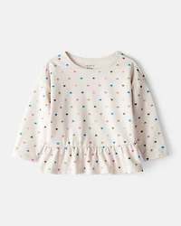 Baby Girl Heart Print Long-Sleeve Peplum Top - Cream