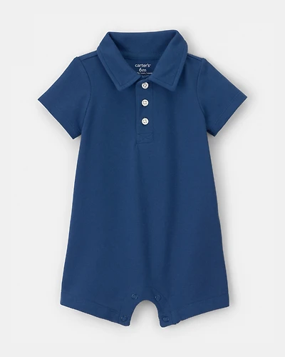 Baby Boy Pique Polo Short-Sleeve Romper - Navy Blue