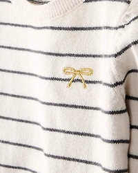 Baby Girl Bow Striped Long-Sleeve Tee & Pant Set - White/Grey