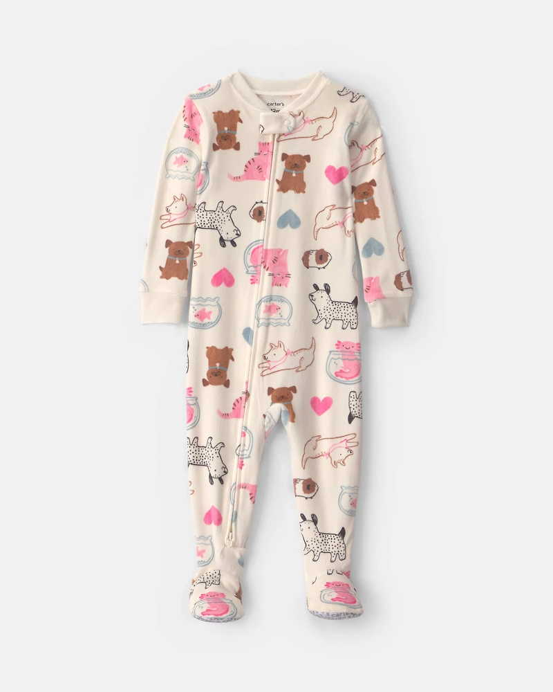 Baby Girl 1-Piece Pets 2-Way Zip DreamPlush Snug Fit Pyjama - Cream