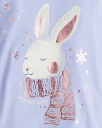 Baby Girl Bunny Winter Print 100% Cotton Long-Sleeve Snug Fit 4-Piece Pyjamas - Blue/White