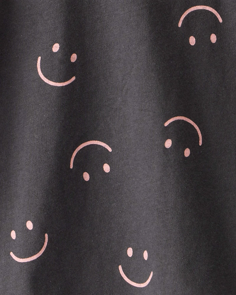 Girls Smiley Face Print Long-Sleeve Top - Black