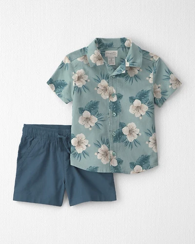 Toddler Boy 2-Piece Linen Top & Short Set Made with Organic Cotton Blue Hibiscus