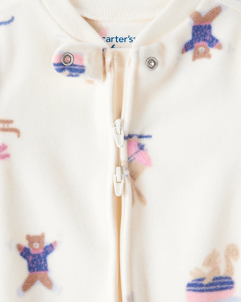 Baby Girl Animal Ski Print Loose Fit Long-Sleeve Sleeper - Cream