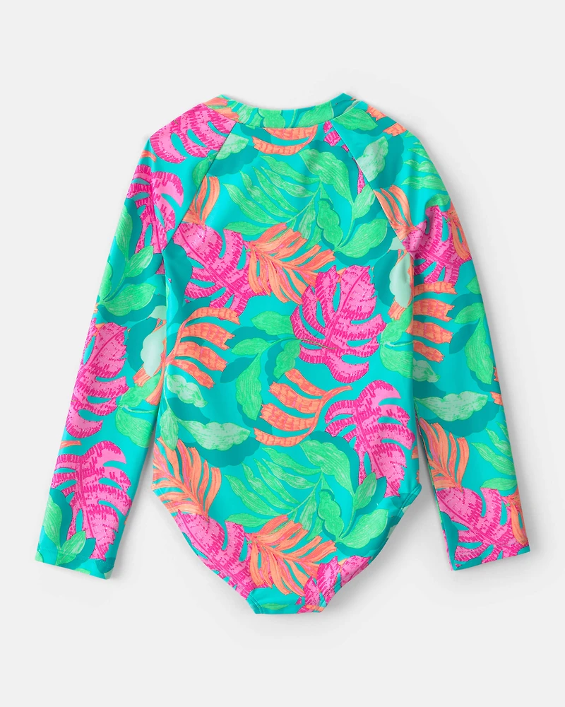 Girls Tropical Long-Sleeve 1-Piece Rashguard Swimsuit - Teal