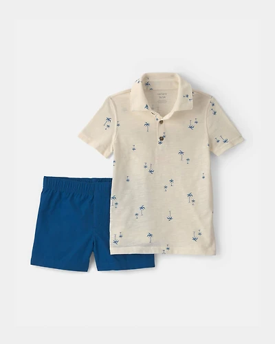 Toddler Boy 2-Piece Palm Tree Polo & Short Set - Blue/Ivory