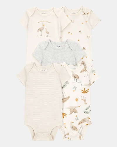 Baby 5-Pack Striped Birds Short-Sleeve Cotton Bodysuits