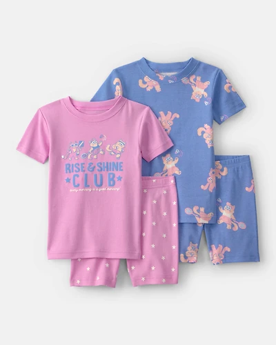 Toddler Girl Cat 100% Cotton Short-Sleeve Snug Fit 4-Piece pyjama Set - Purple/Blue