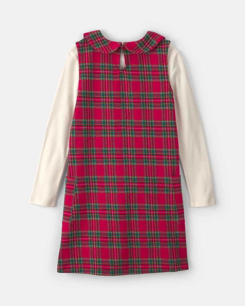 Girls 2-Piece Plaid Cardigan Dress Set - Red/Cream