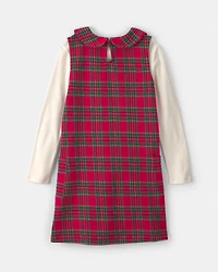 Girls 2-Piece Plaid Cardigan Dress Set - Red/Cream