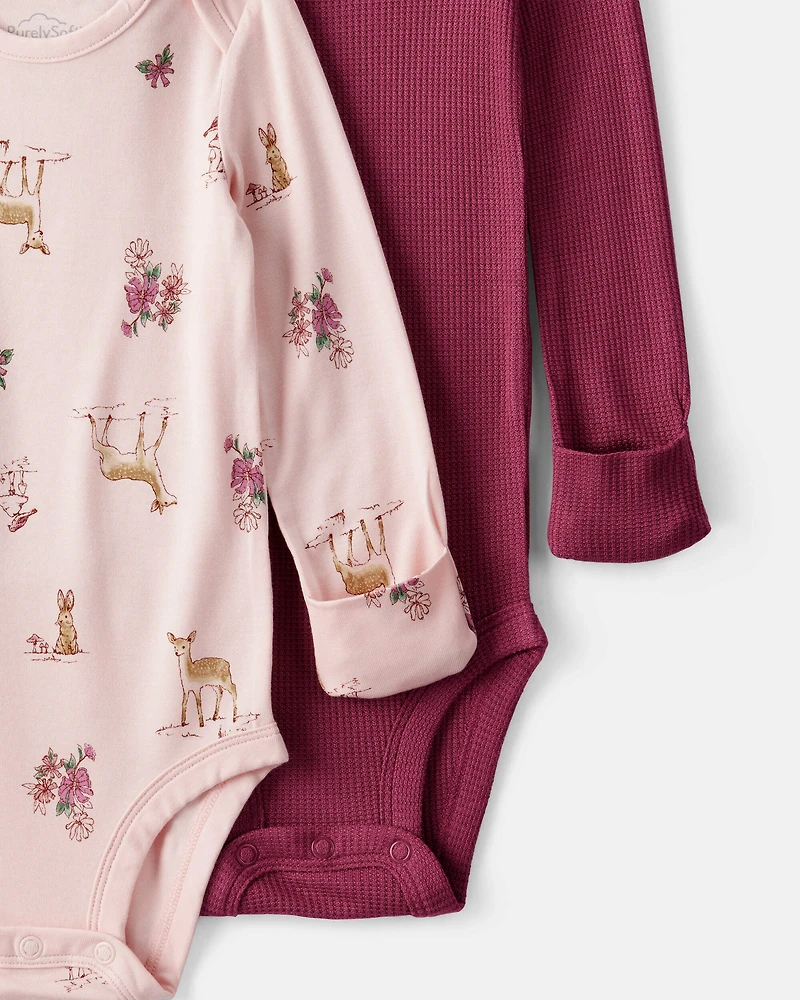 Baby Girl 2-Pack Deer & Floral Print PurelySoft Long-Sleeve Multipack Bodysuits - Red/Pink