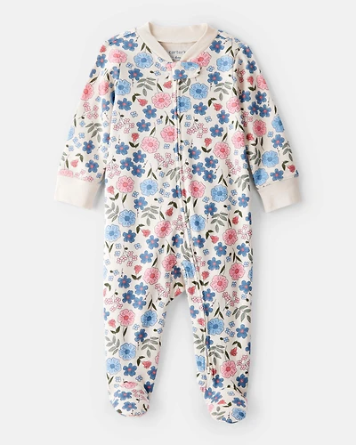 Baby Girl Flowers Print 100% Cotton Long-Sleeve Snug Fit Sleeper - White
