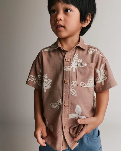 Toddler Boy Button-Down Short-Sleeve Shirt Plant Print - Brown