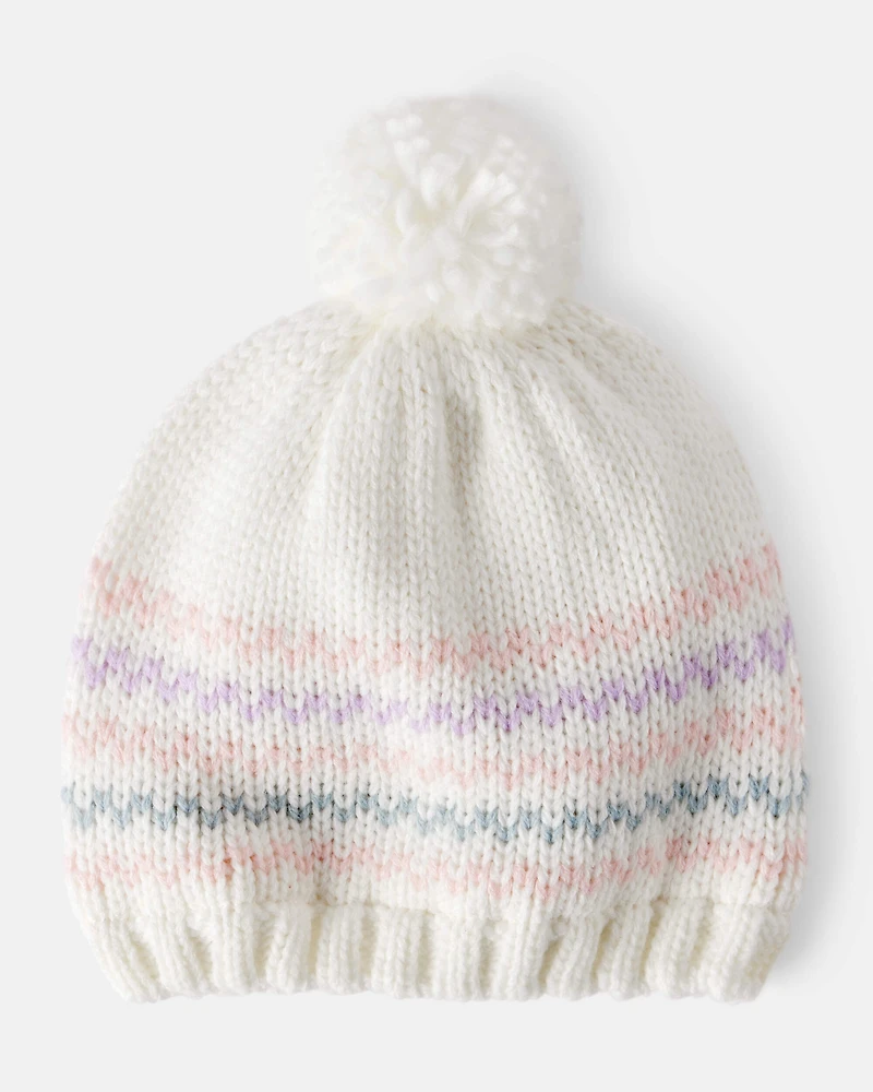 Baby Girl Striped Pom Winter Hat - White
