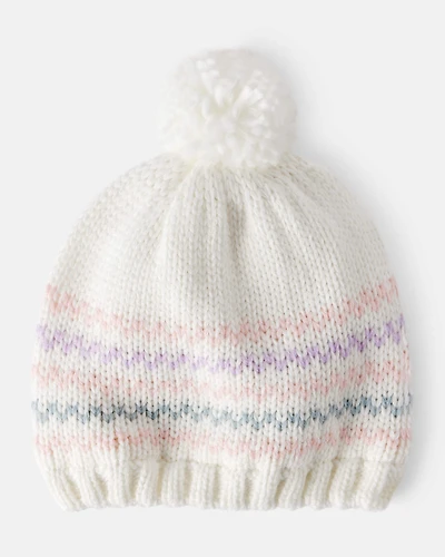 Baby Girl Striped Pom Winter Hat - White