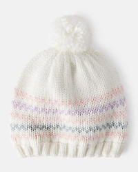 Baby Girl Striped Pom Winter Hat - White