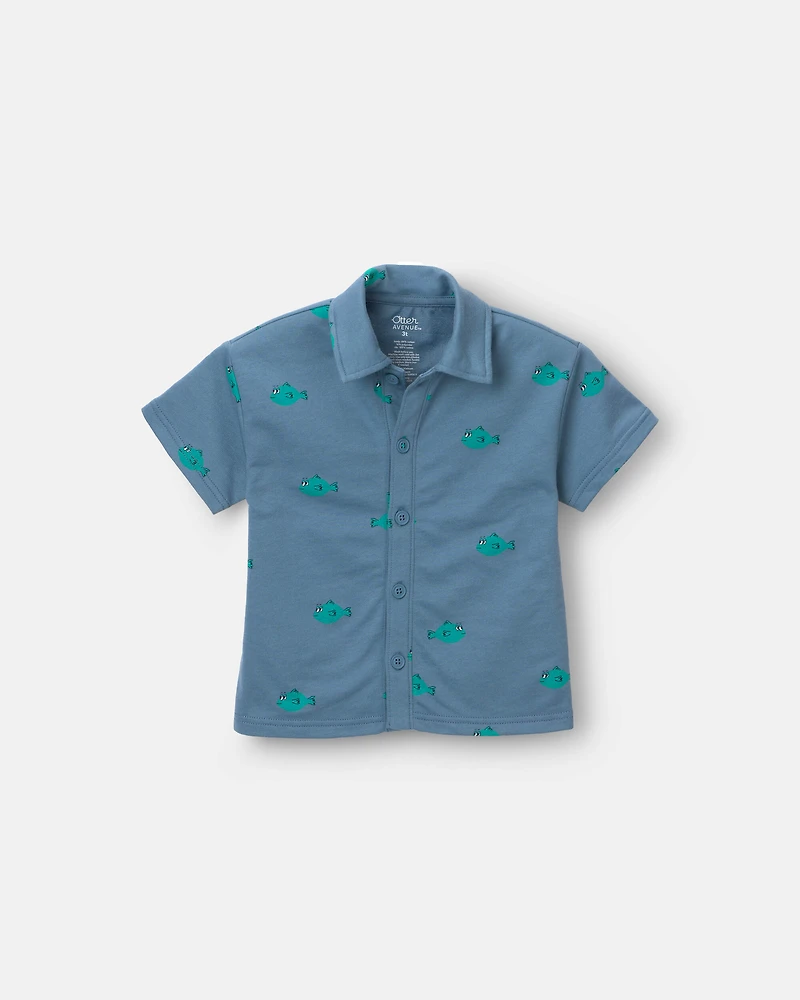 Toddler Boy Button-Down Short-Sleeve Shirt Fish Print - Slate