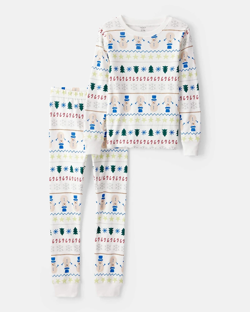 Kid Snowman Fair Isle 100% Cotton Long-Sleeve Snug Fit 2-Piece Pyjamas - White