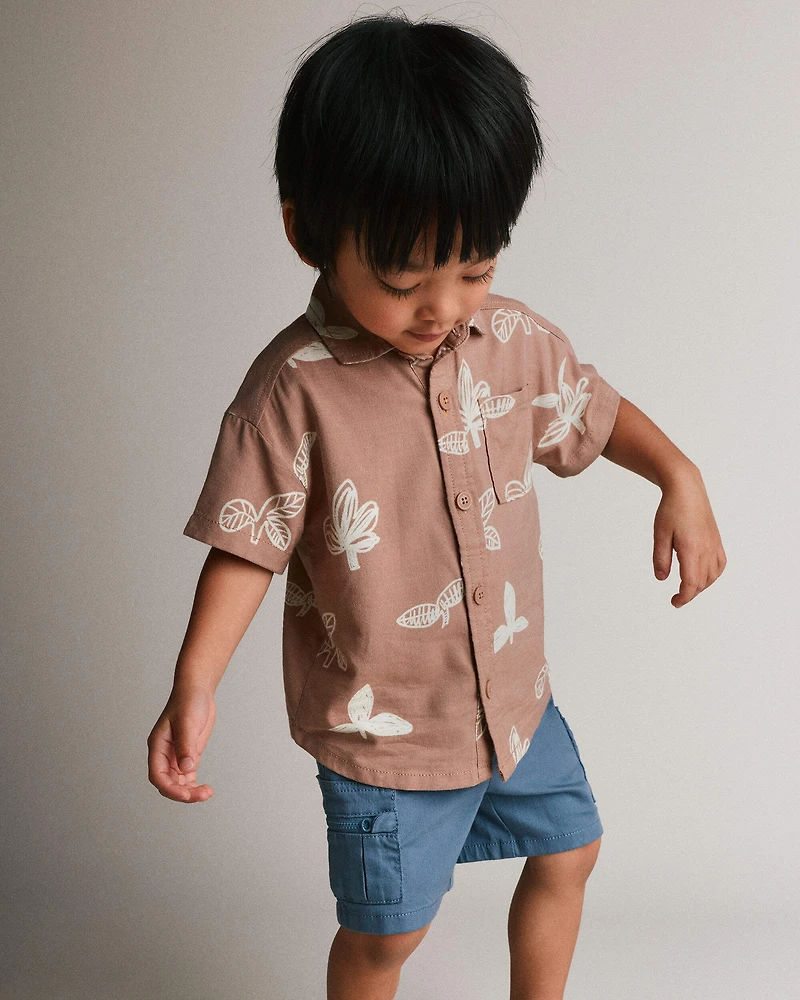 Toddler Boy Button-Down Short-Sleeve Shirt Plant Print - Brown