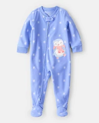 Toddler Girl Penguin Fleece Long-Sleeve Loose Fit 1-Piece Pyjamas - Blue