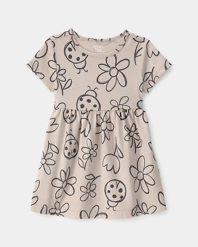 Baby Girl Floral Ladybug Short-Sleeve Dress - Brown