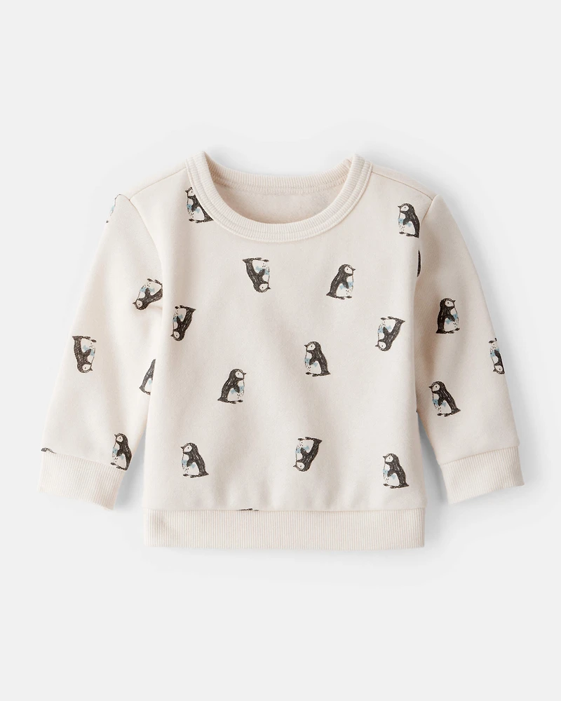 Baby Boy Penguin Print Fleece Sweatshirt - Cream