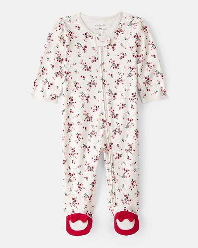 Baby Girl Bow Floral Print 100% Cotton Sleeper - White/Red