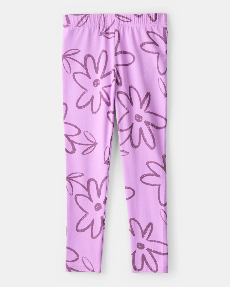 Girls Floral Pull-On Stretch Leggings - Purple