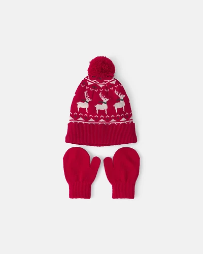 Toddler 2-Piece Fair Isle Christmas Beanie & Glove Set - Red