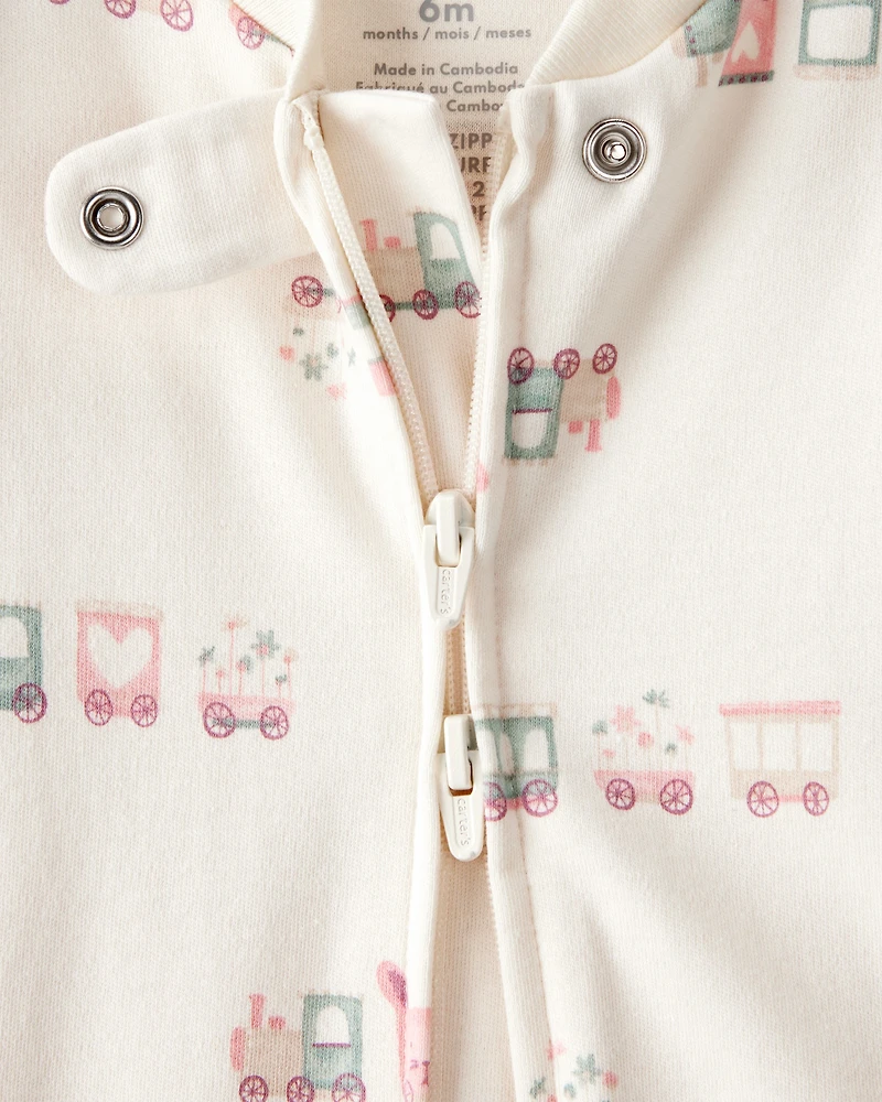 Baby Girl Train Print 100% Cotton Long-Sleeve Snug Fit Sleeper- White
