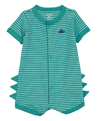 Baby Boy Dinosaur Striped Cotton Short-Sleeve Romper - Green