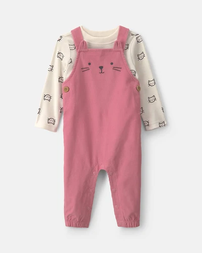 Baby Girl 2-Piece Cat Corduroy Overall Set - Pink