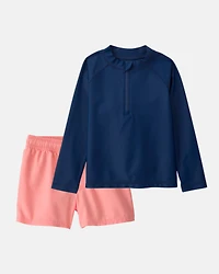 Toddler Boy 2-Piece Rashguard & Swim Trunk Set - Navy/Coral