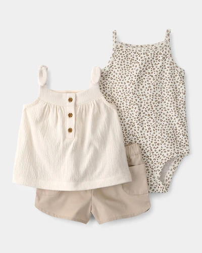 Baby Girl 3-Piece Cheetah Solid Top & Short Set - Brown