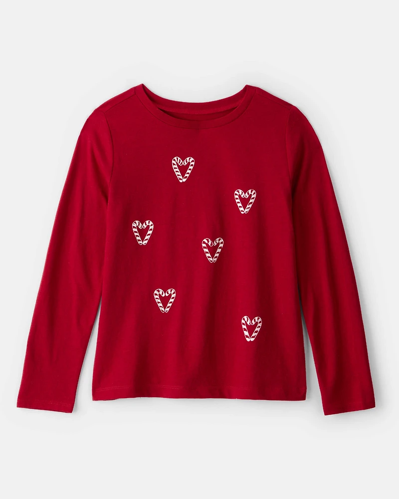 Girls Candy Cane Heart Print Long-Sleeve Graphic Tee - Red