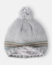 Boys Striped Pom Winter Hat - Grey