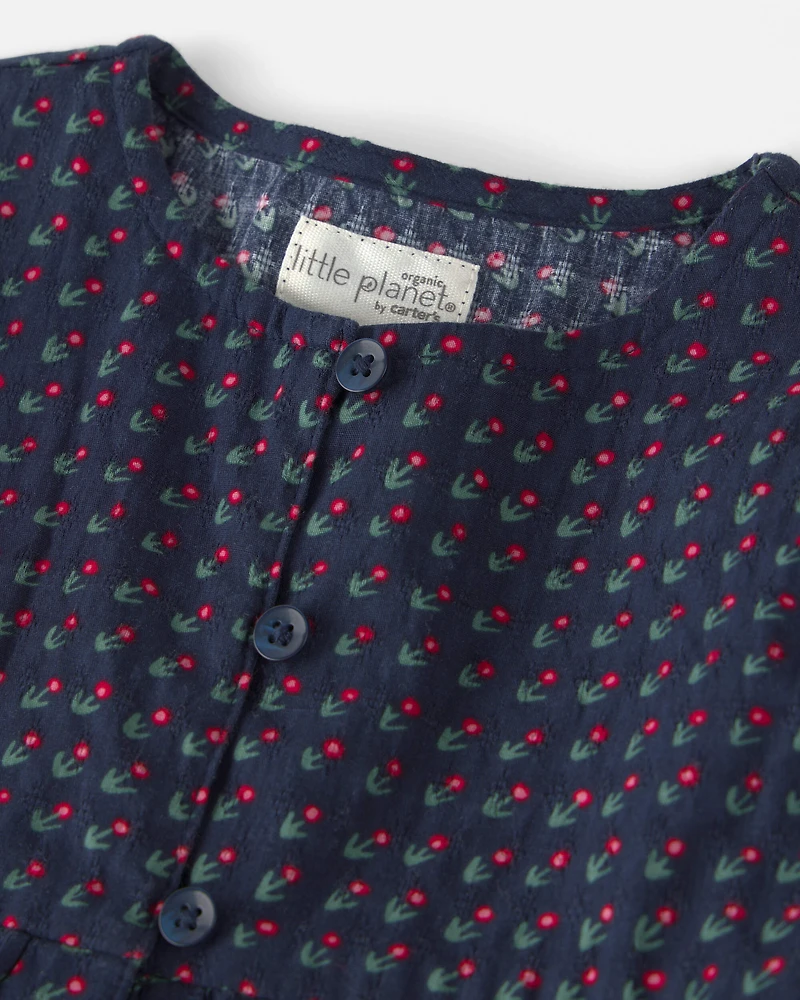 Girls Organic Cotton Dobby Dress Navy Floral