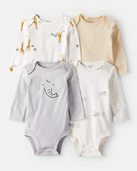 Baby 4-Pack Safari Print Cotton Long-Sleeve Multipack Bodysuits - White
