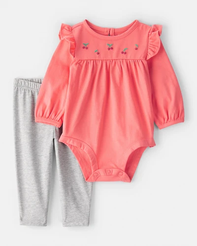 Baby Girl 2-Piece Cherry Bodysuit & Pant Set - Coral