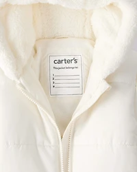 Baby Girl 1-Piece Bear Ears Hooded Pram Snowsuit - Cream
