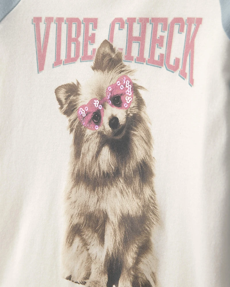 Girls 'Vibe Check' Dog Graphic Tee - Cream/Blue