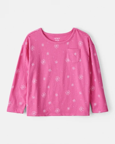 Toddler Girl Snowflake Print Long-Sleeve Pocket Tee - Pink