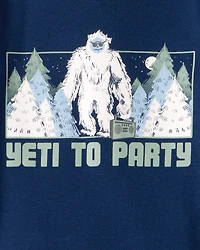 Boys Yeti Print 100% Cotton Long-Sleeve Snug Fit 4-Piece Pyjamas - Green/Navy